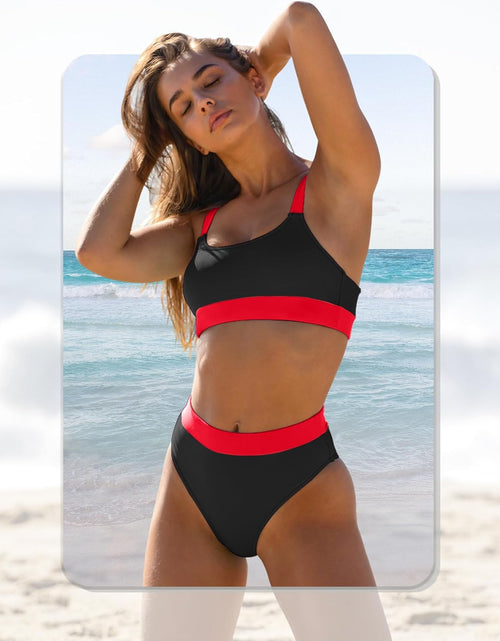 Load image into Gallery viewer, Women High Waisted Bikini Set Sports Color Block Swimsuit Scoop Neck Cheeky Bathing Suit
