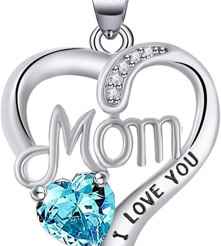 I LOVE YOU Mom Birth Stones Necklace, Silver Love Heart Pendant Necklace for Mom, Necklace Gift for Mother with 18''+2'' Chain