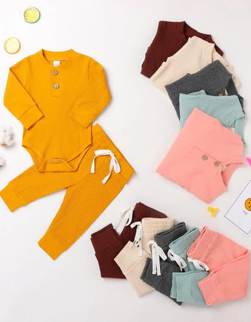 Load image into Gallery viewer, Infant Newborn Baby Girl Boy Spring Autumn Ribbed/Plaid Solid Clothes Sets Long Sleeve Bodysuits + Elastic Pants 2Pcs Outfits
