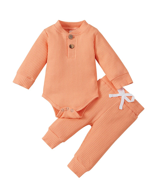 Load image into Gallery viewer, Infant Newborn Baby Girl Boy Spring Autumn Ribbed/Plaid Solid Clothes Sets Long Sleeve Bodysuits + Elastic Pants 2Pcs Outfits
