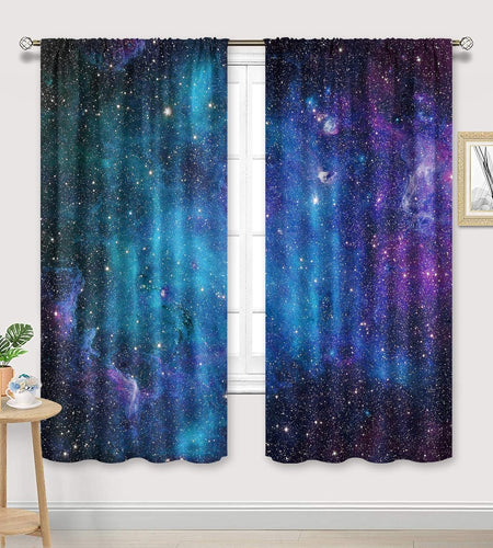 Kids Galaxy Outer Space Nebula Curtains 42W X 63L Inch Rod Pocket Blue Universe Planets Boys Girls Constellation Fantasy Starry Stars Trippy Bedroom Living Room Window Drapes Fabric 2 Panels