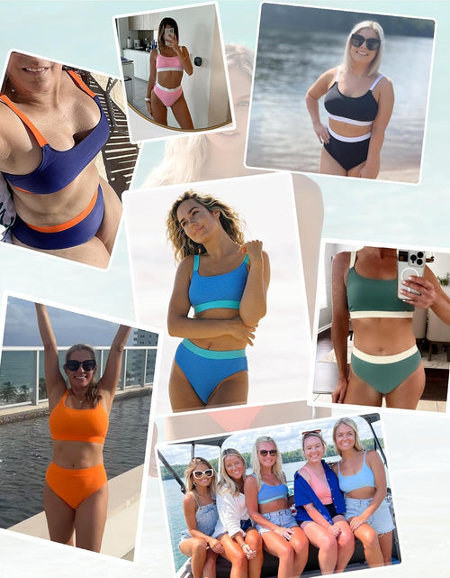 Load image into Gallery viewer, Women High Waisted Bikini Set Sports Color Block Swimsuit Scoop Neck Cheeky Bathing Suit
