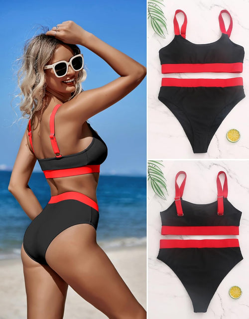 Load image into Gallery viewer, Women High Waisted Bikini Set Sports Color Block Swimsuit Scoop Neck Cheeky Bathing Suit
