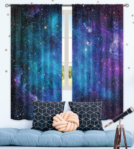 Kids Galaxy Outer Space Nebula Curtains 42W X 63L Inch Rod Pocket Blue Universe Planets Boys Girls Constellation Fantasy Starry Stars Trippy Bedroom Living Room Window Drapes Fabric 2 Panels
