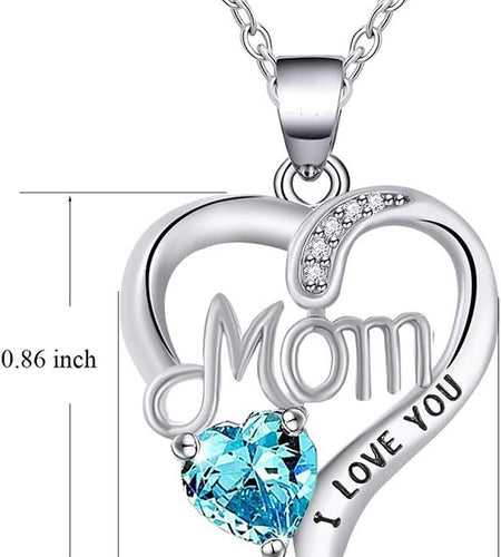 I LOVE YOU Mom Birth Stones Necklace, Silver Love Heart Pendant Necklace for Mom, Necklace Gift for Mother with 18''+2'' Chain