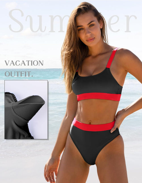 Load image into Gallery viewer, Women High Waisted Bikini Set Sports Color Block Swimsuit Scoop Neck Cheeky Bathing Suit
